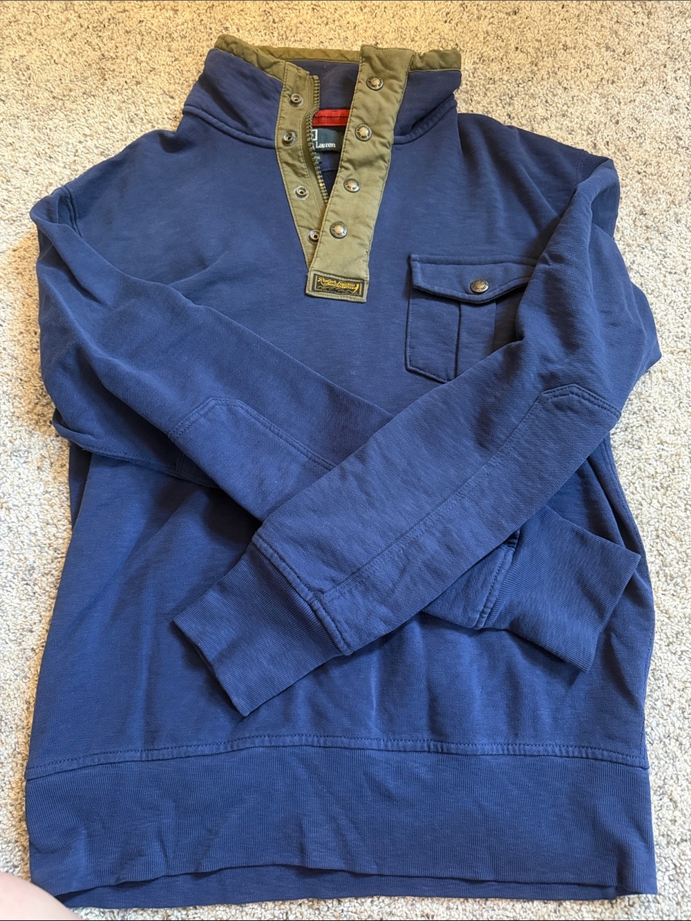 Polo by Ralph Lauren Navy Zip-Up Sweater with Olive Trim